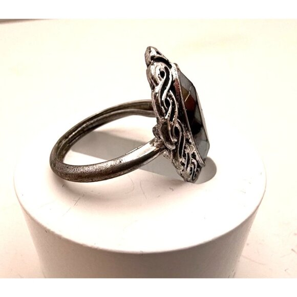VTG Avon Silver Tone Black Marquise Cabochon Statement Ring Size 6 Retro Fashion - Picture 3 of 7
